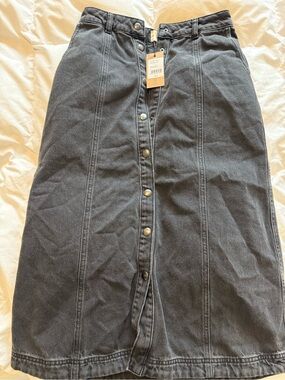 High-Waist Black Denim Button-Front Midi Skirt